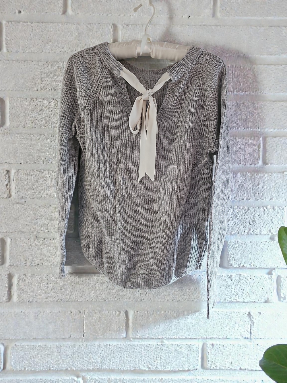 LOFT Gray Ribbed Knit Sweater with Cream Tie In The Back